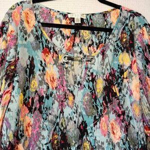 Spense Black Floral Smocked Colorful 3/4 Sleeve Peasant Boho Top Womans Size 1X